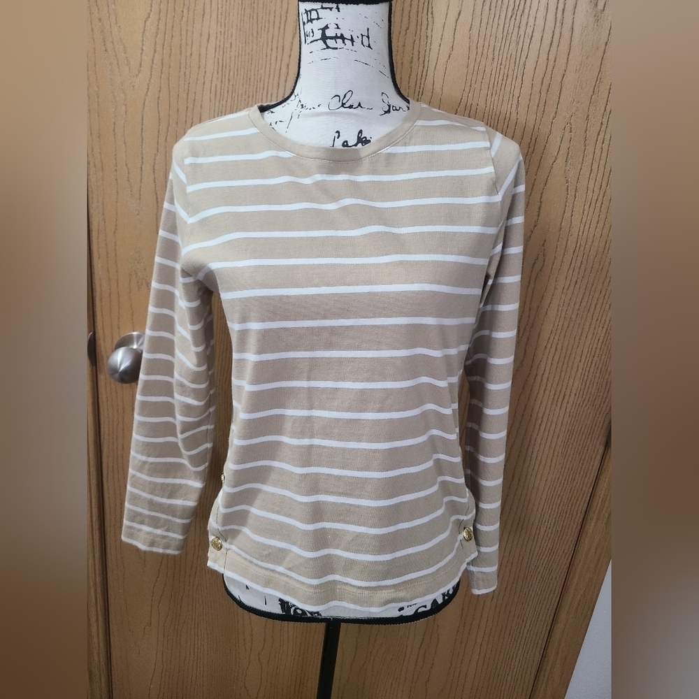 J. Crew Tan Striped Gold Button Preppy Old Money Long Sleeved Top - Picture 2 of 5